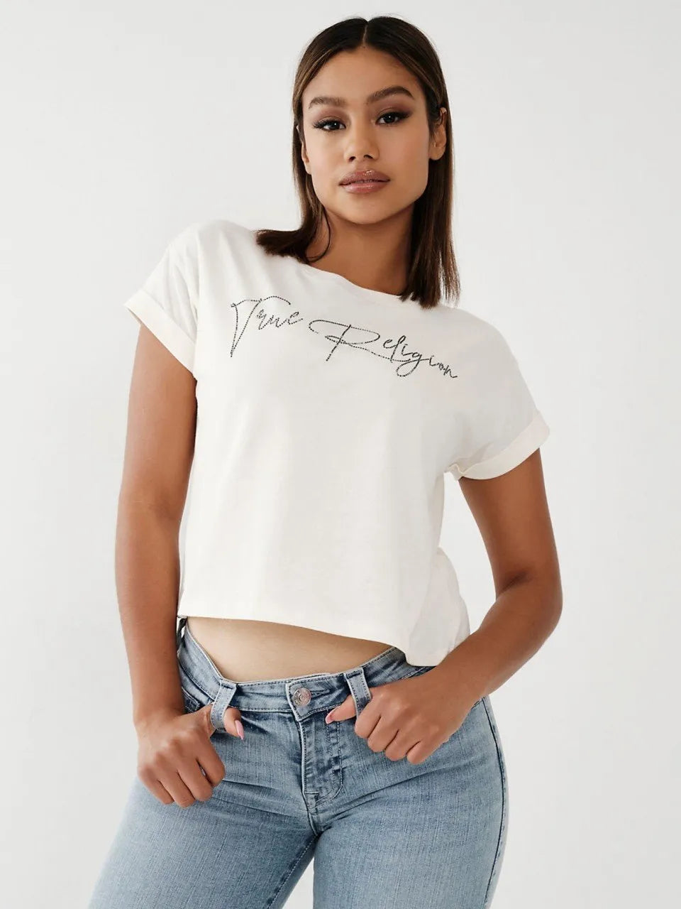 CRYSTAL SCRIPT CUFFED TEE - TRUE RELIGION MEXICO