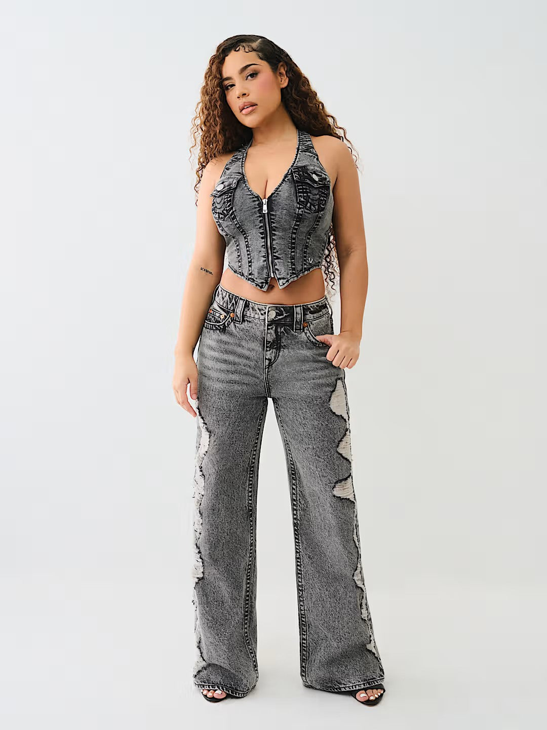 ZIP FRONT HALTER DENIM TOP