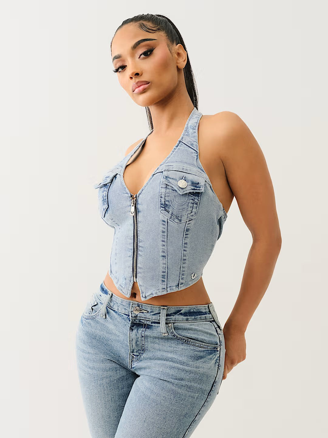 ZIP FRONT HALTER DENIM TOP
