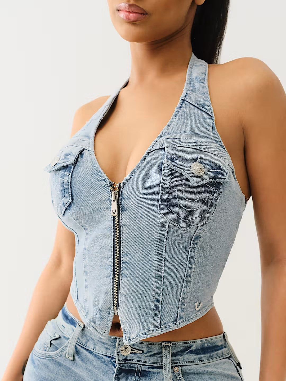 ZIP FRONT HALTER DENIM TOP