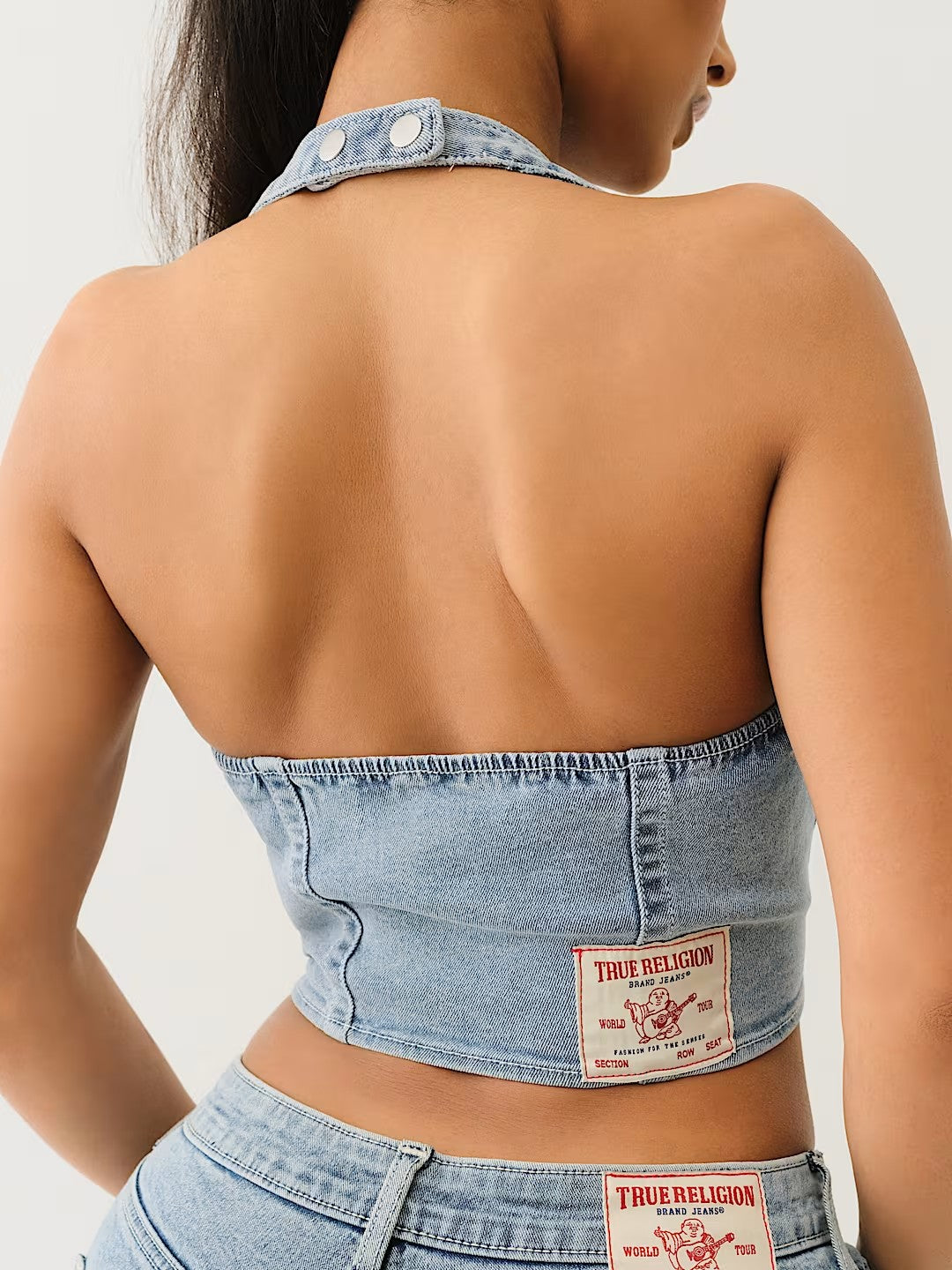 ZIP FRONT HALTER DENIM TOP