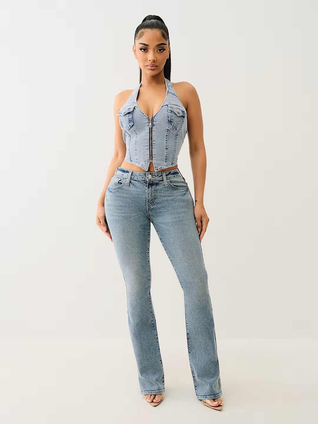 ZIP FRONT HALTER DENIM TOP