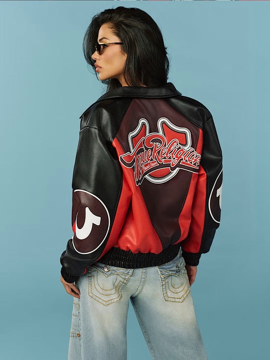 COLOR BLOCKED PU VARSITY JACKE