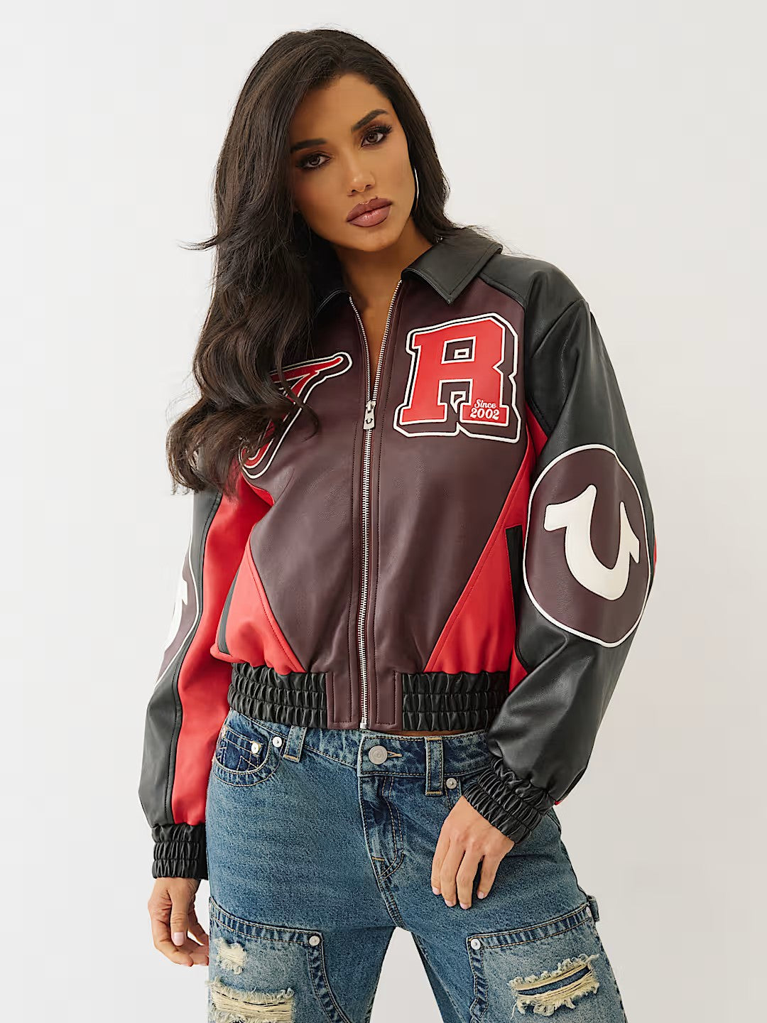 COLOR BLOCKED PU VARSITY JACKE