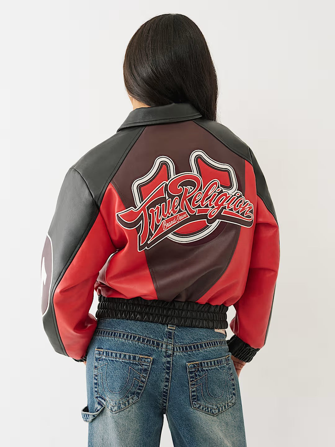 COLOR BLOCKED PU VARSITY JACKE