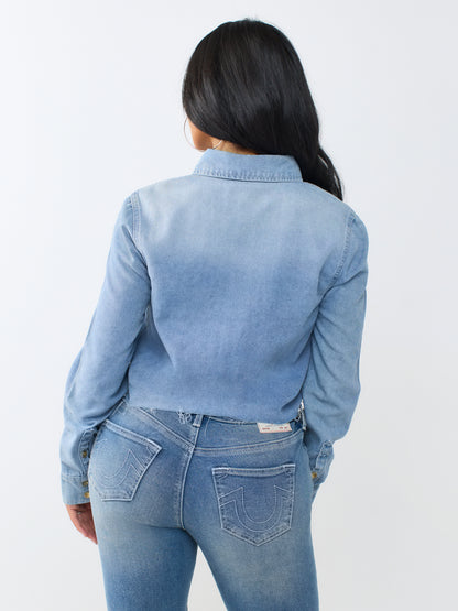 DENIM RAW HEM CROP SHIRT