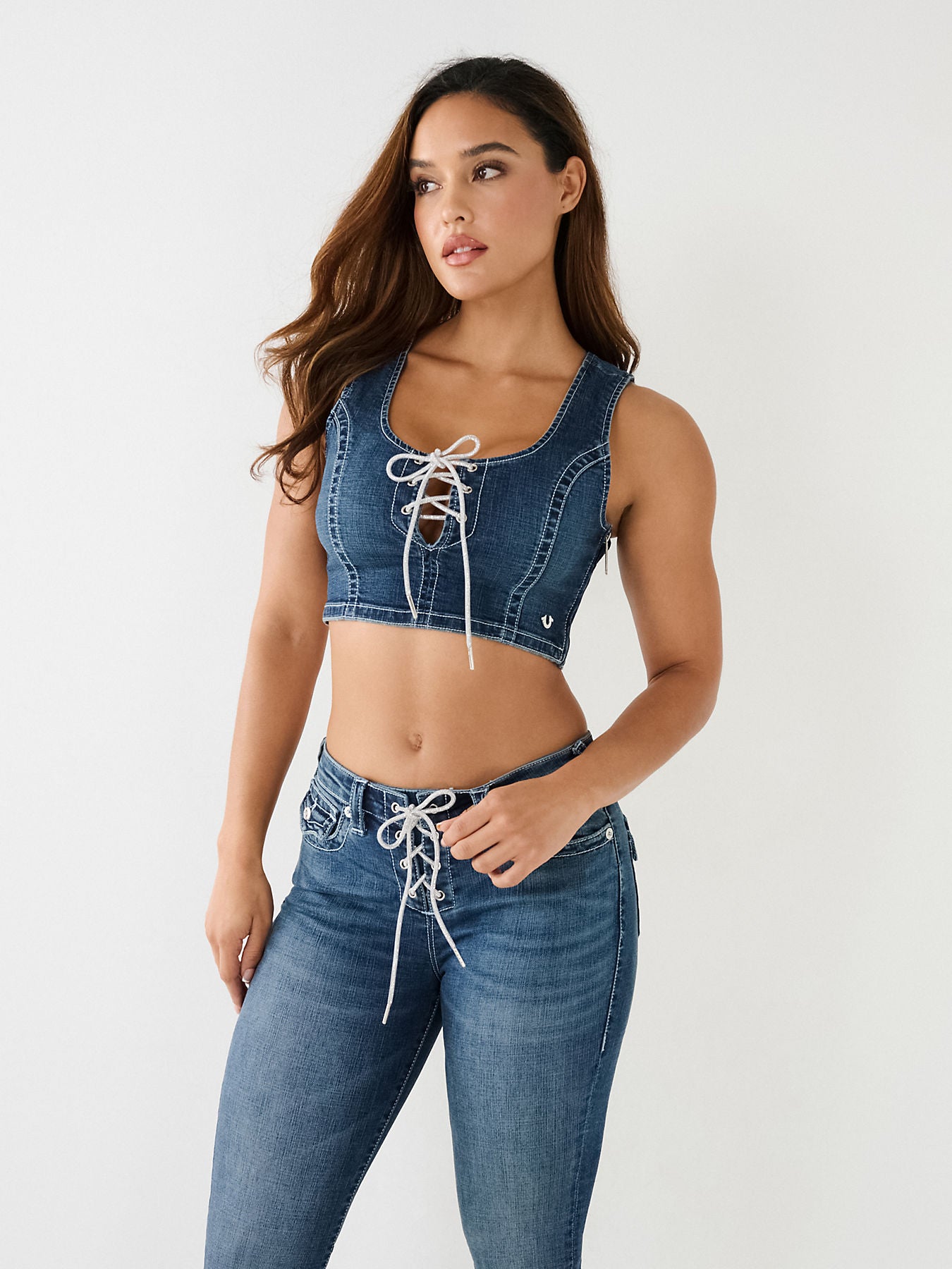 CRYSTAL LACE UP DENIM BRA TOP