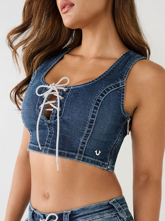 CRYSTAL LACE UP DENIM BRA TOP - TRUE RELIGION MEXICO