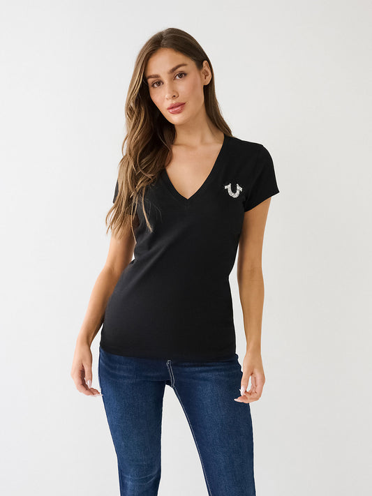 CRYSTAL ARCHED LOGO V NECK TEE - TRUE RELIGION MEXICO