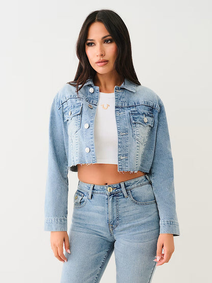 FRINGE CROPPED DENIM JACKET