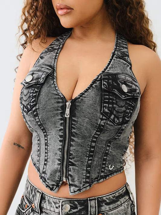 ZIP FRONT HALTER DENIM TOP