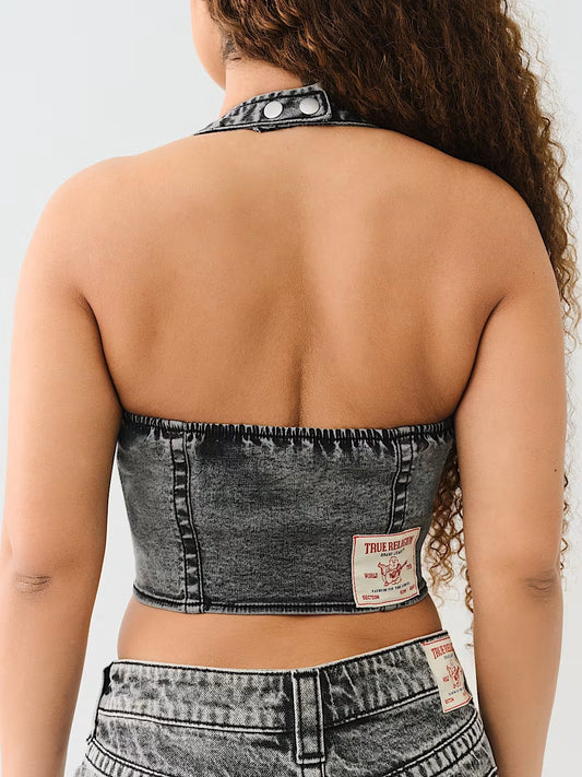 ZIP FRONT HALTER DENIM TOP
