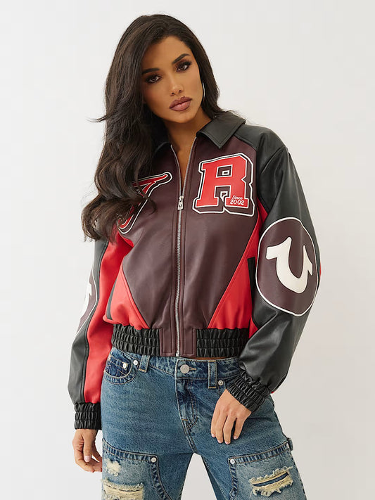 COLOR BLOCKED PU VARSITY JACKE