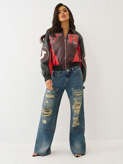 COLOR BLOCKED PU VARSITY JACKE
