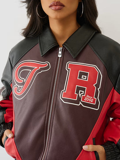 COLOR BLOCKED PU VARSITY JACKE