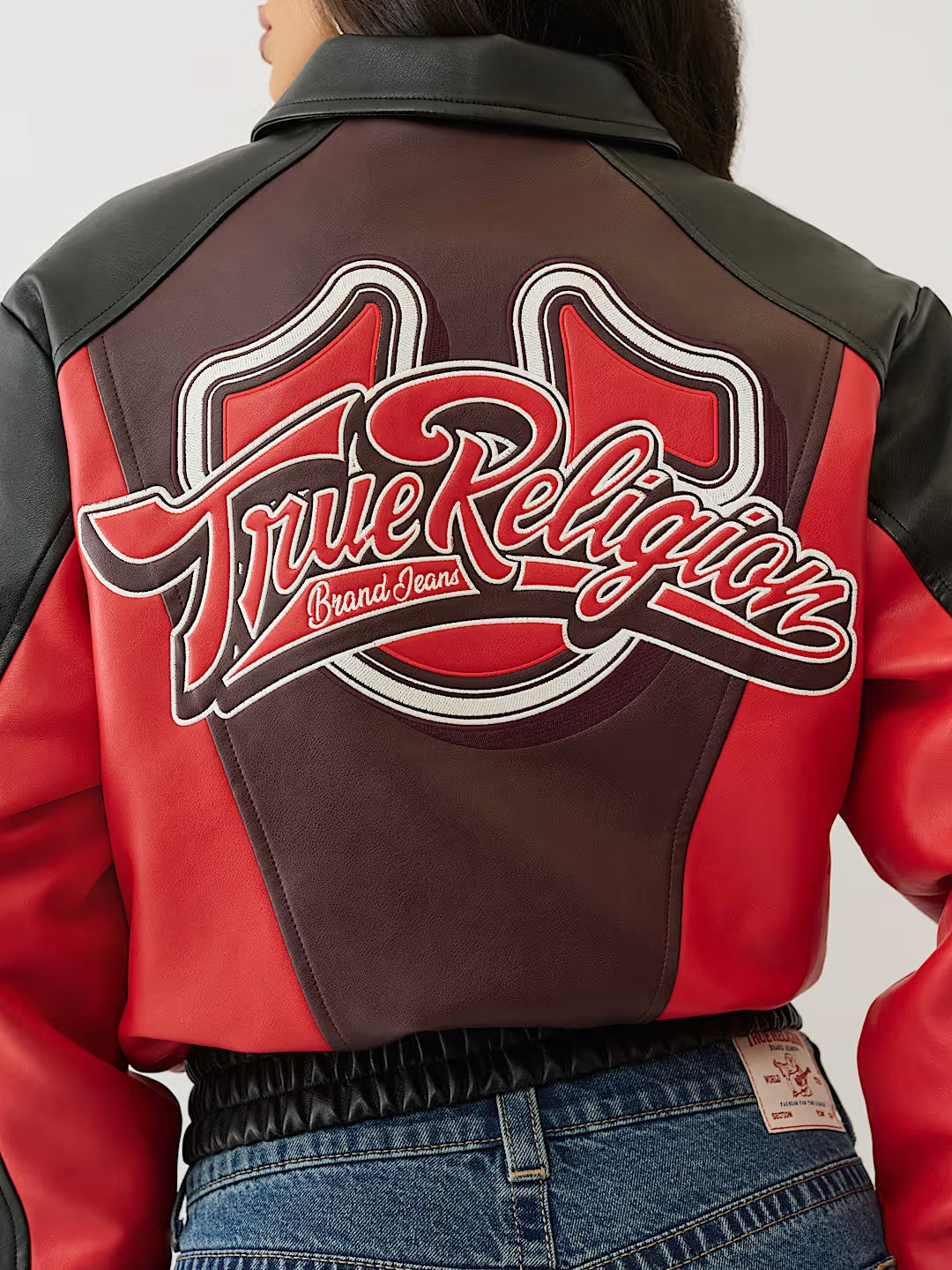 COLOR BLOCKED PU VARSITY JACKE