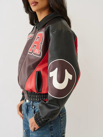 COLOR BLOCKED PU VARSITY JACKE