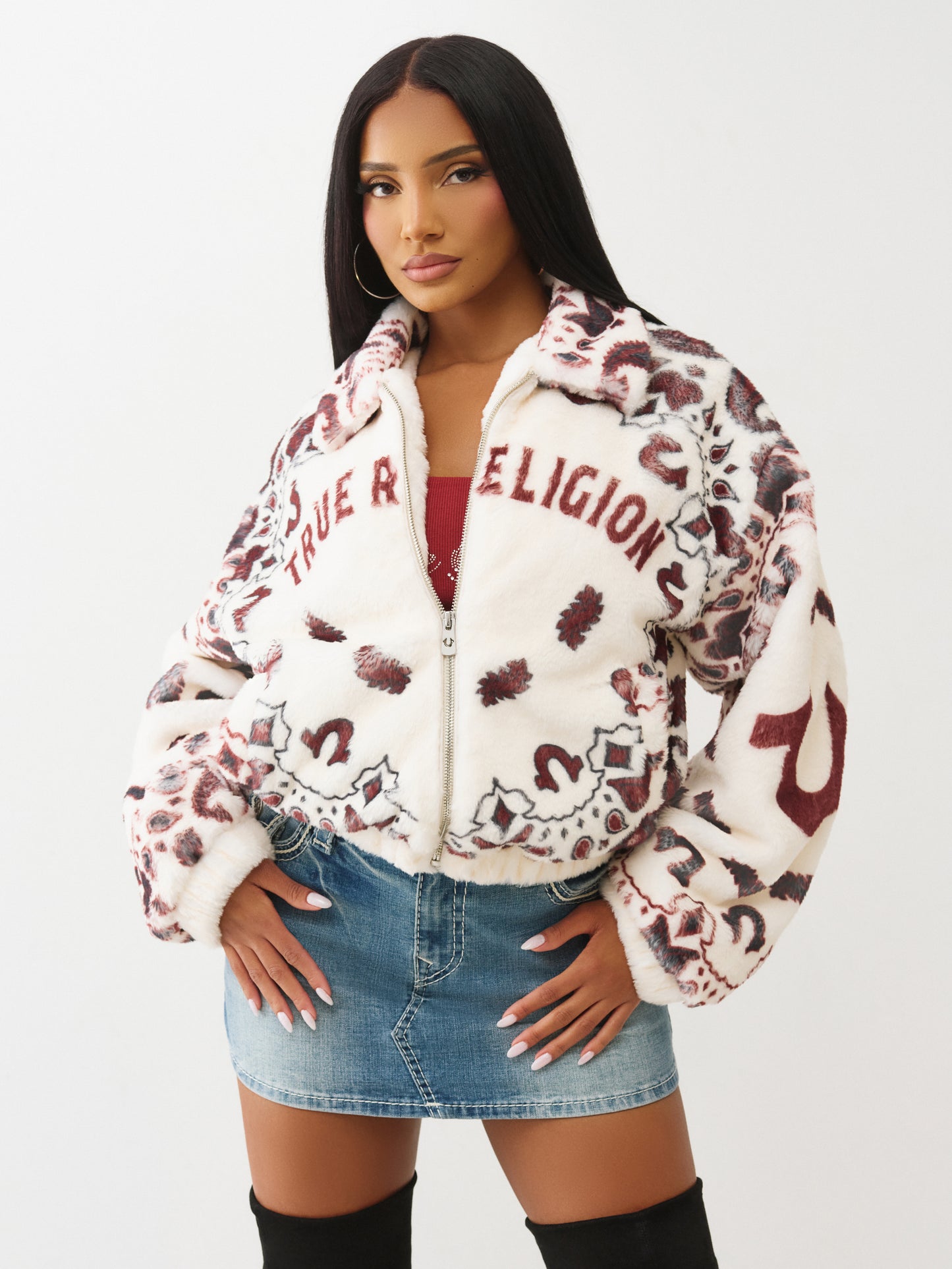 PRINT FAUX FUR BANDANA JACKET