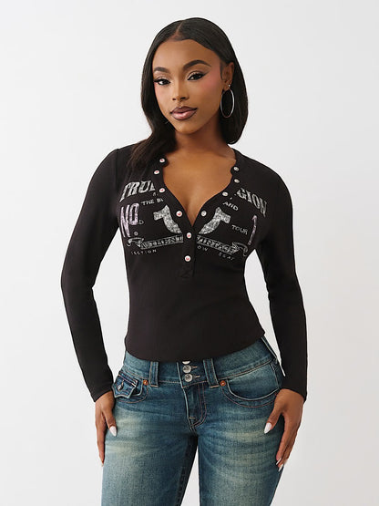PRINTED RIBBED HENLEY LS