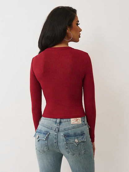 PRINTED RIBBED HENLEY LS