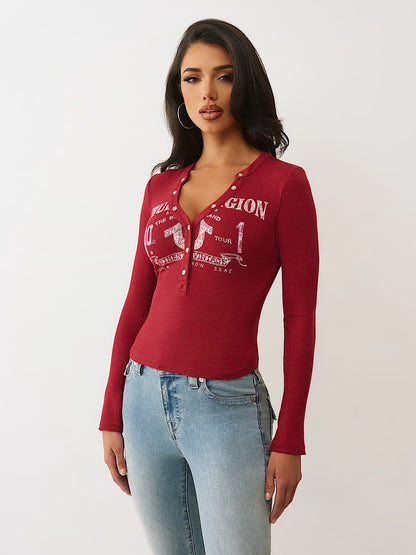 PRINTED RIBBED HENLEY LS