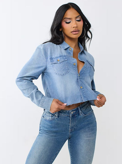 DENIM RAW HEM CROP SHIRT