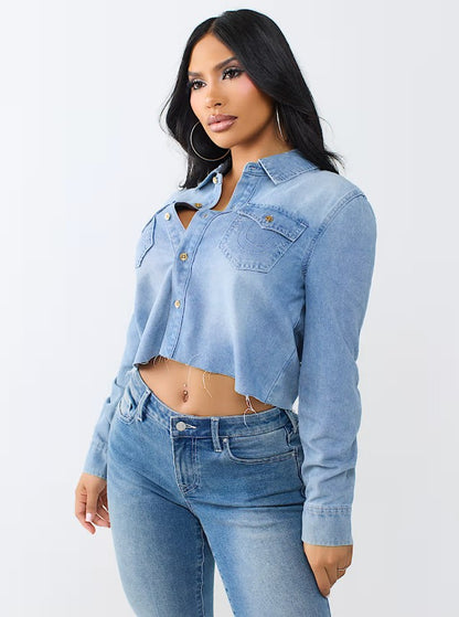 DENIM RAW HEM CROP SHIRT