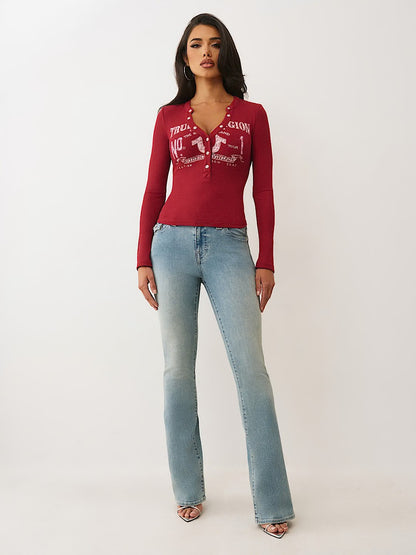 PRINTED RIBBED HENLEY LS