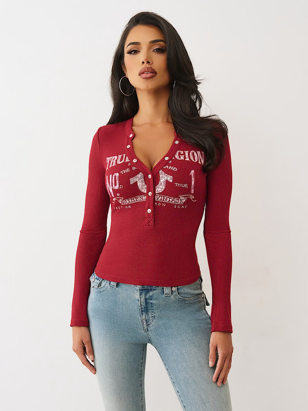 PRINTED RIBBED HENLEY LS