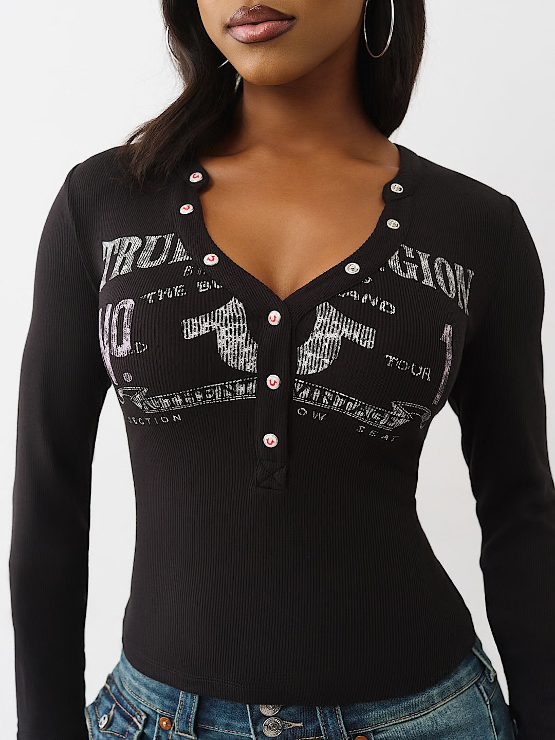 PRINTED RIBBED HENLEY LS