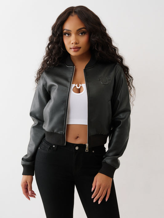 TR CROP PU BOMBER